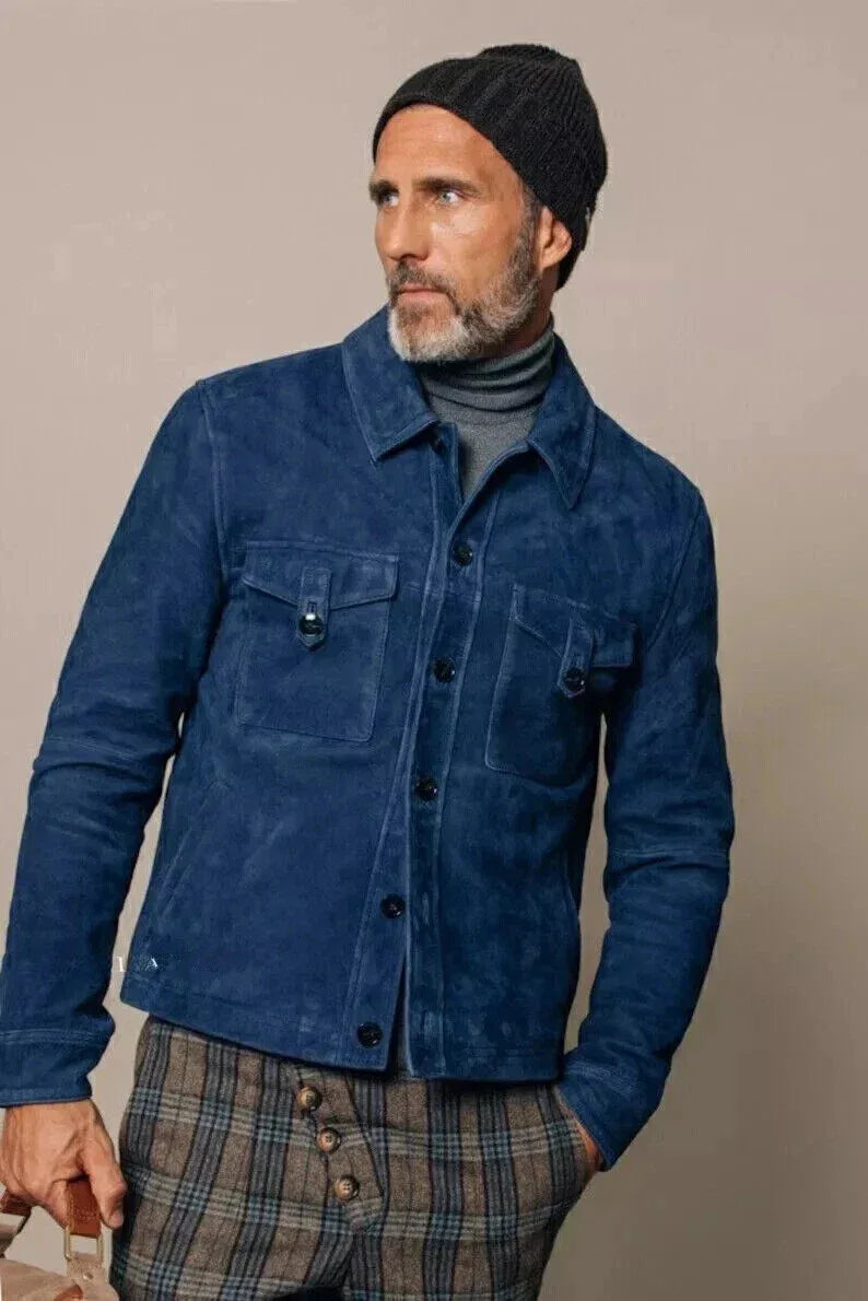 Premium Original Men Blue Suede Jacket - Handcrafted Full-Grain Leather Overshirt