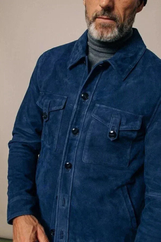 Premium Original Men Blue Suede Jacket - Handcrafted Full-Grain Leather Overshirt