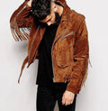 Men Brown Suede Fringe Biker Jacket - Handcrafted Full-Grain Leather Western Style