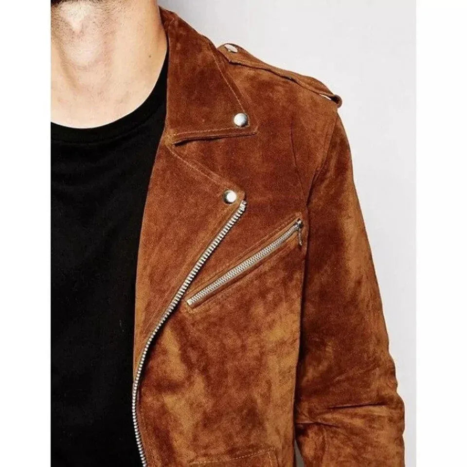 Men Brown Suede Fringe Biker Jacket - Handcrafted Full-Grain Leather Western Style