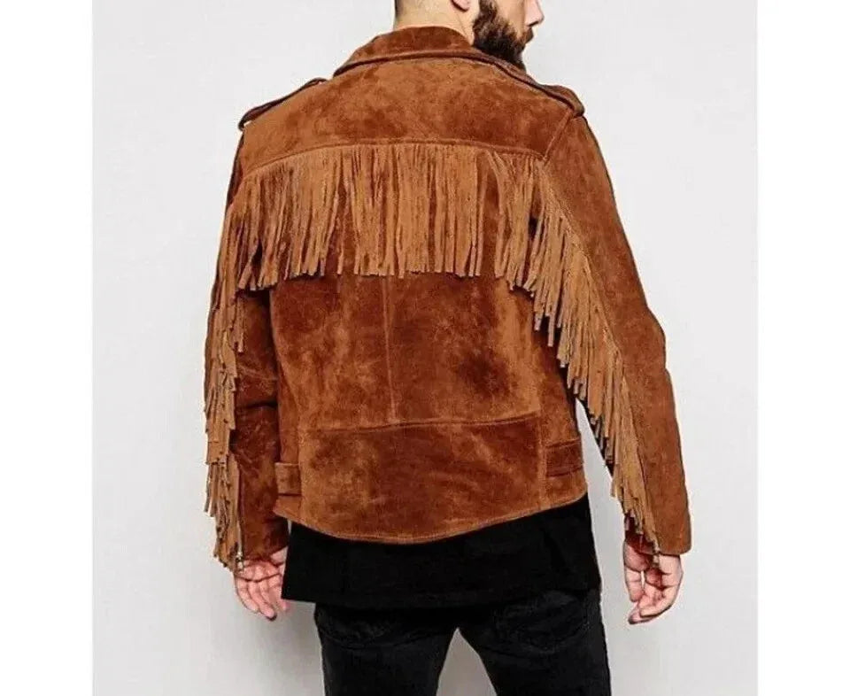 Men Brown Suede Fringe Biker Jacket - Handcrafted Full-Grain Leather Western Style