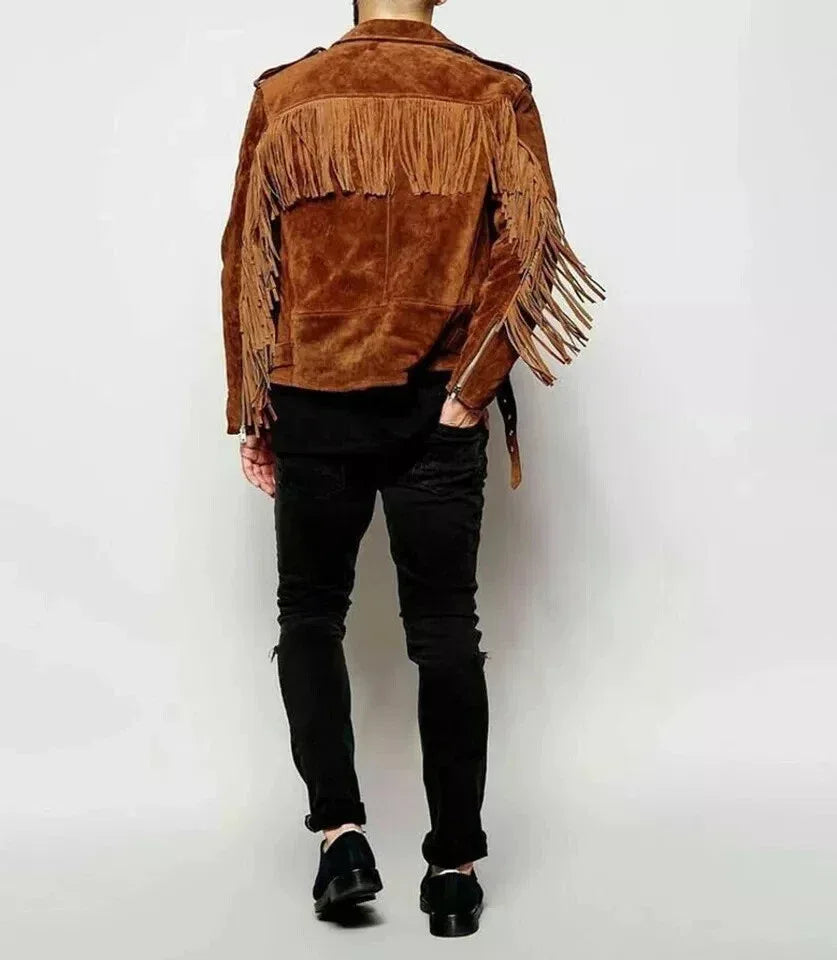 Men Brown Suede Fringe Biker Jacket - Handcrafted Full-Grain Leather Western Style