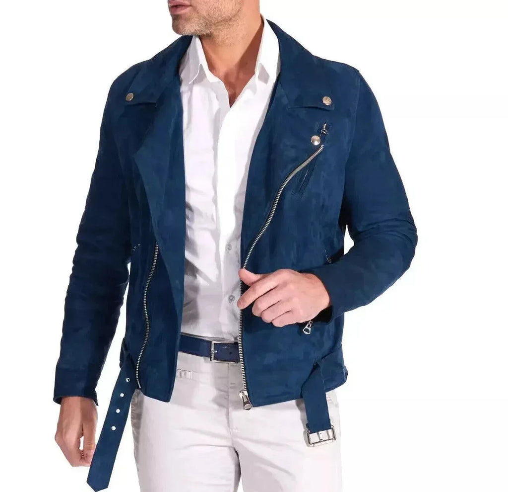 Men Navy Blue Suede Biker Jacket - Handcrafted Full-Grain Leather Moto Style