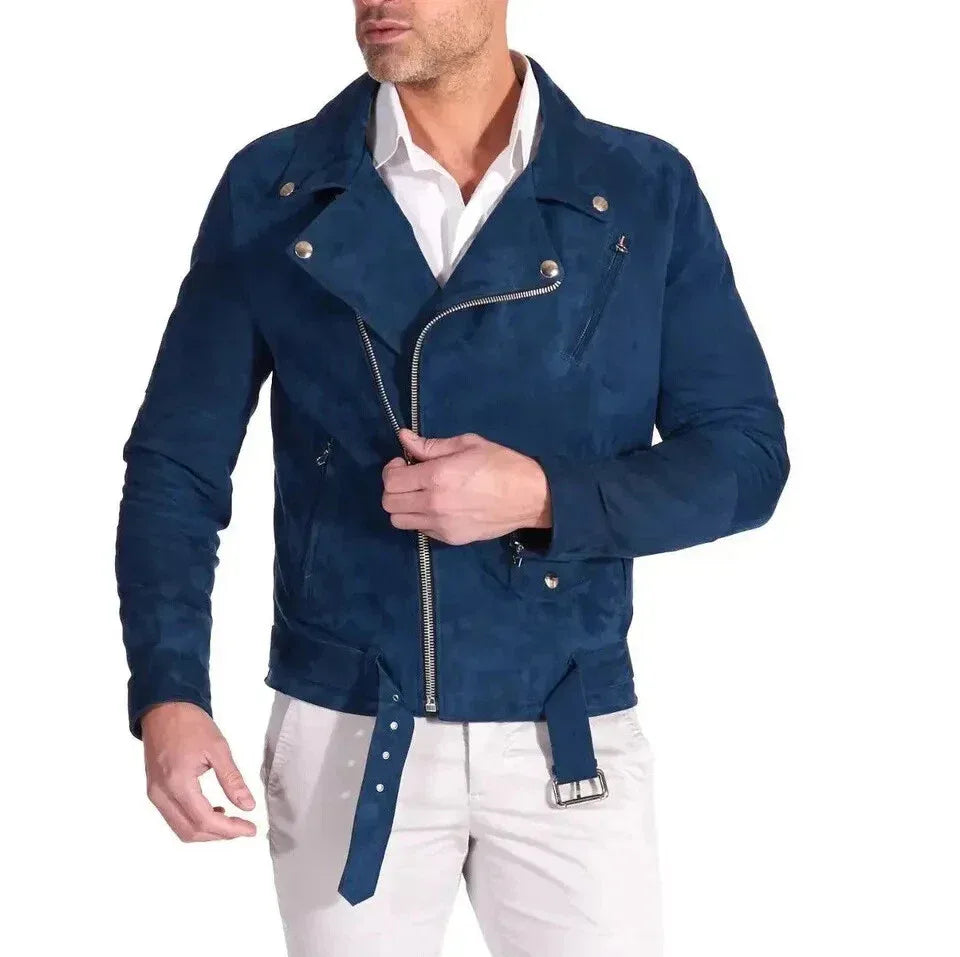 Men Navy Blue Suede Biker Jacket - Handcrafted Full-Grain Leather Moto Style