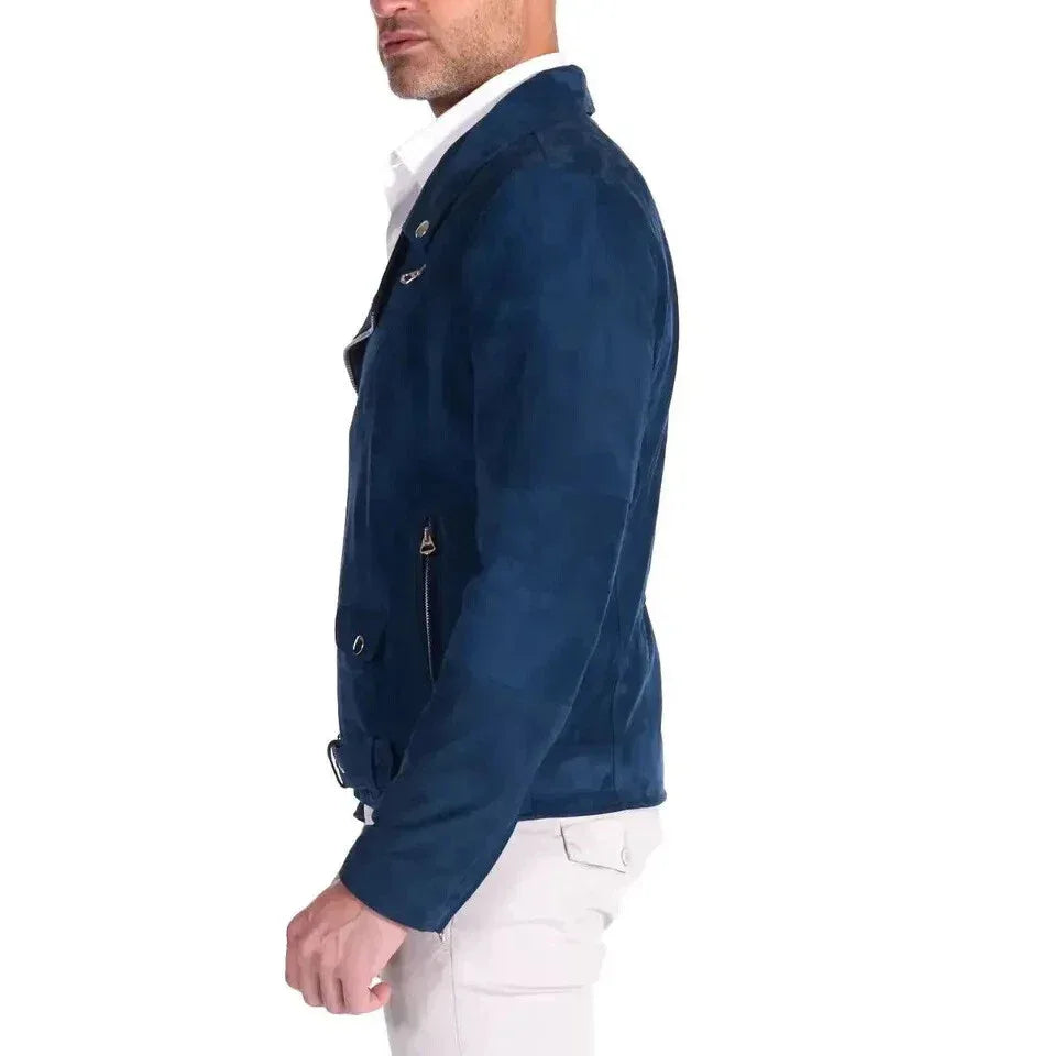 Men Navy Blue Suede Biker Jacket - Handcrafted Full-Grain Leather Moto Style