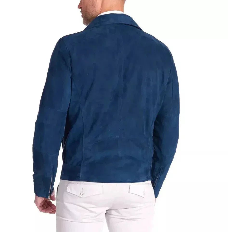 Men Navy Blue Suede Biker Jacket - Handcrafted Full-Grain Leather Moto Style