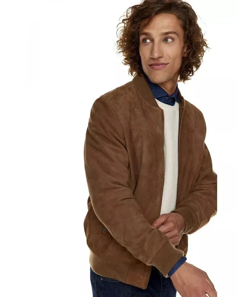 Original Men Tan Suede Bomber Jacket - Handcrafted Full-Grain Leather Classic Style