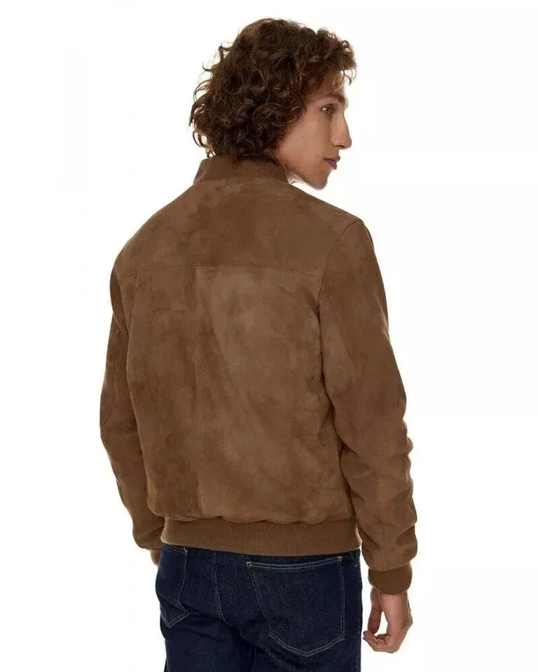 Original Men Tan Suede Bomber Jacket - Handcrafted Full-Grain Leather Classic Style