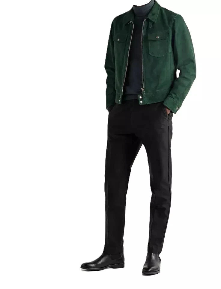 Men Forest Green Suede Bomber Jacket - Handcrafted Full-Grain Leather