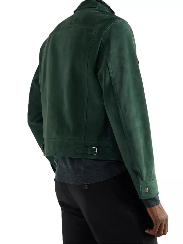 Men Forest Green Suede Bomber Jacket - Handcrafted Full-Grain Leather