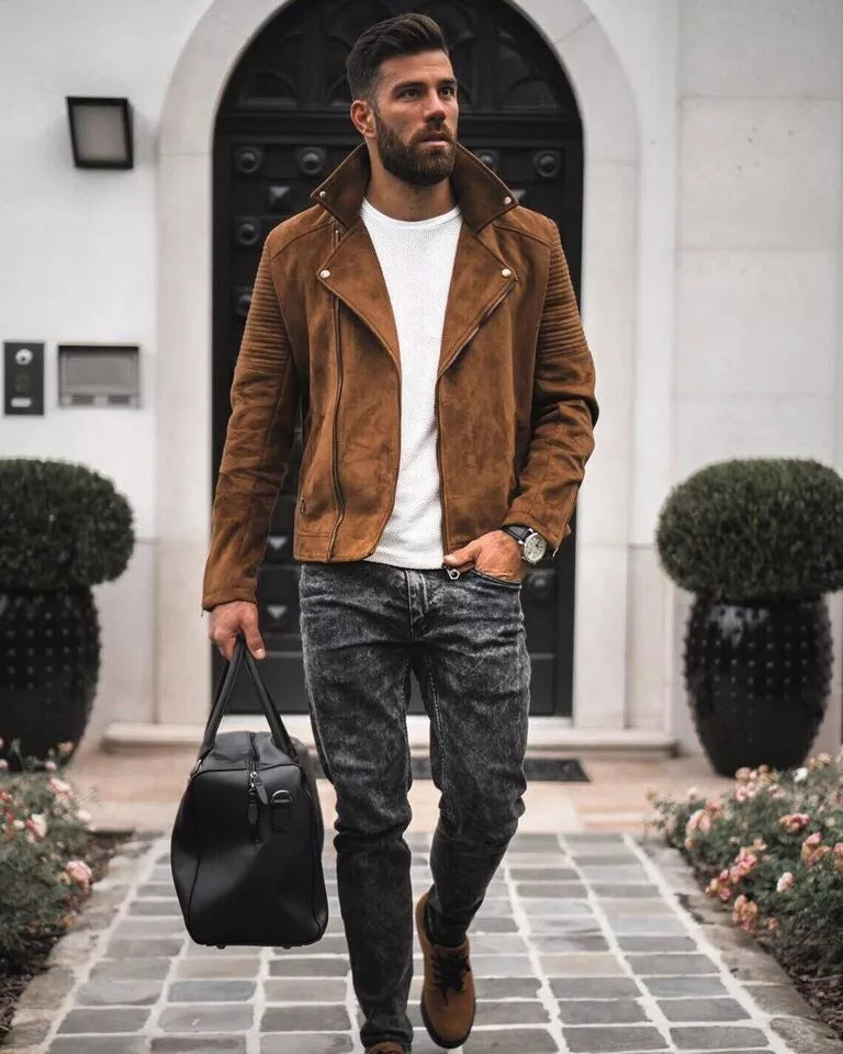 Tan Original Men Suede Biker Jacket with Ribbed Sleeves - Handcrafted Full-Grain Leather