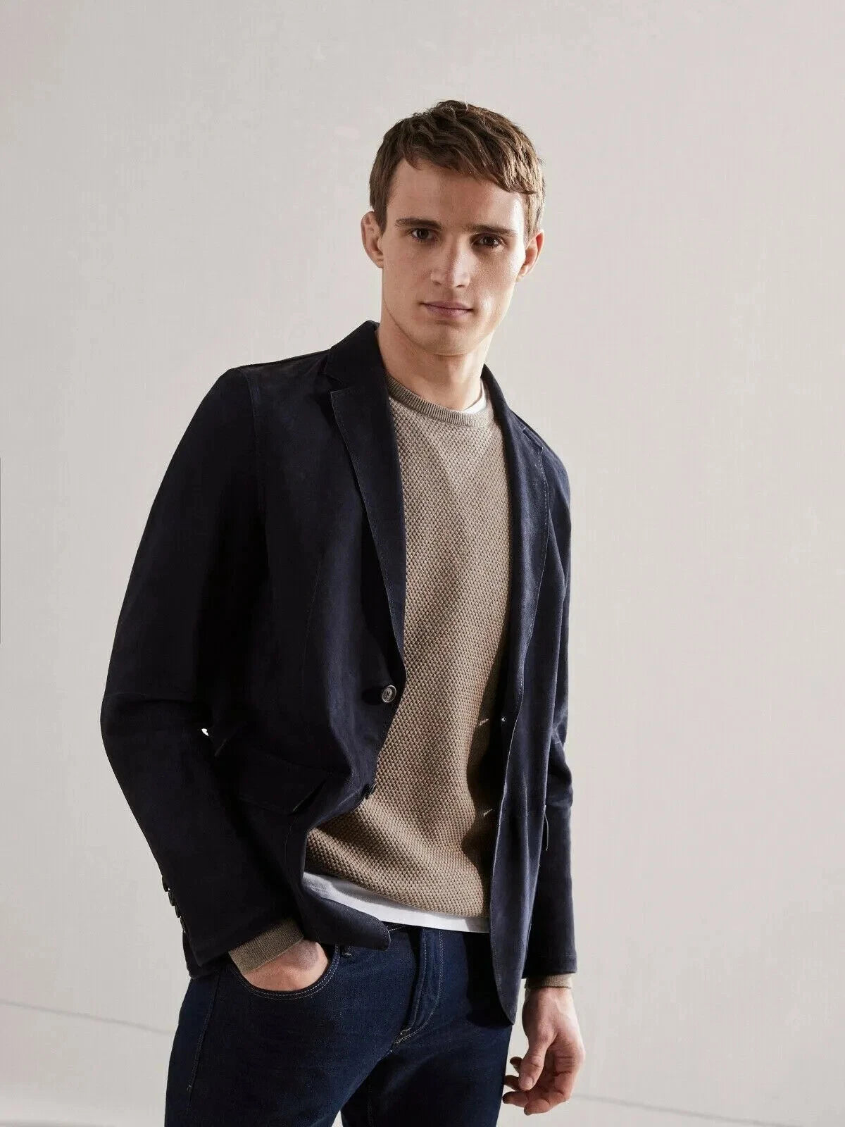 Original Men Navy Blue Leather Blazer - Handcrafted Full-Grain Leather Tailored Jacket