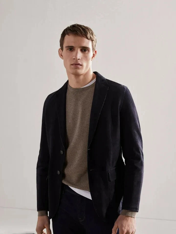 Original Men Navy Blue Leather Blazer - Handcrafted Full-Grain Leather Tailored Jacket