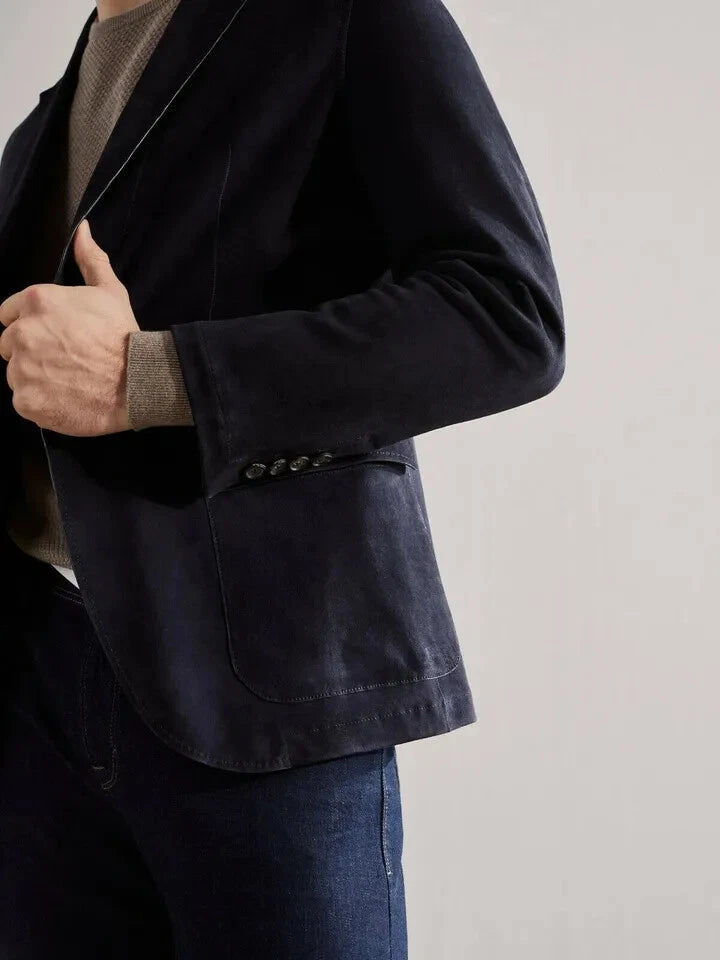 Original Men Navy Blue Leather Blazer - Handcrafted Full-Grain Leather Tailored Jacket