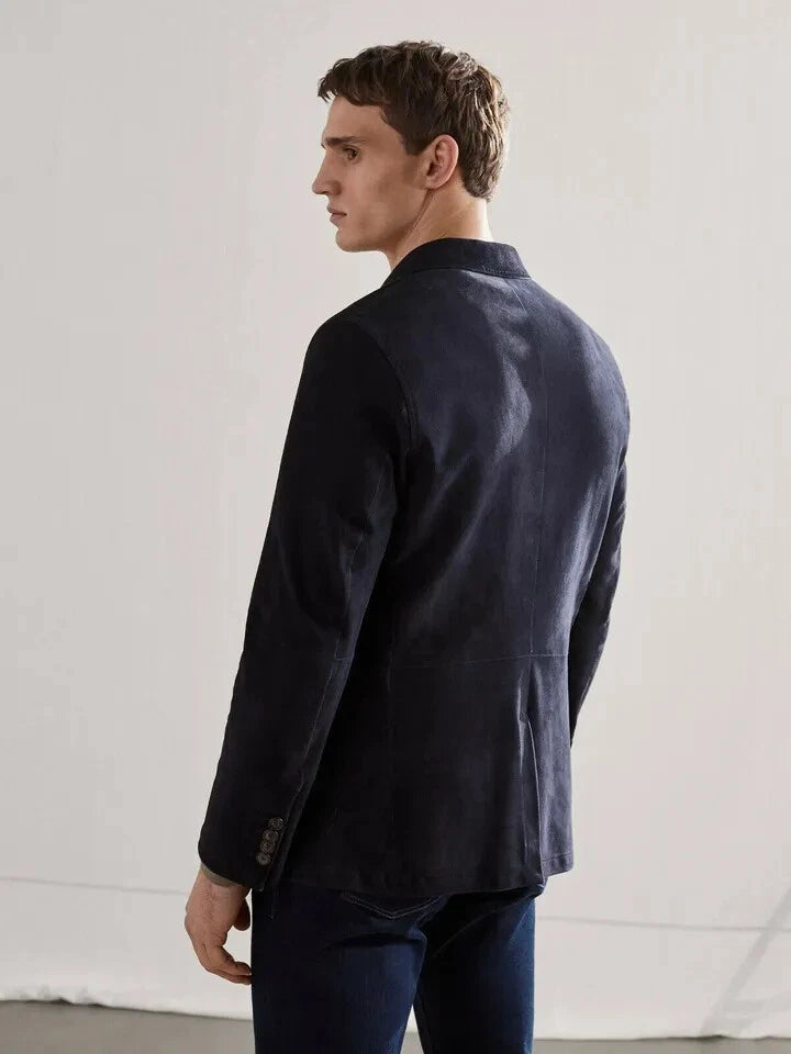 Original Men Navy Blue Leather Blazer - Handcrafted Full-Grain Leather Tailored Jacket