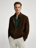 Original Men Chocolate Brown Suede Bomber Jacket - Handcrafted Full-Grain Leather
