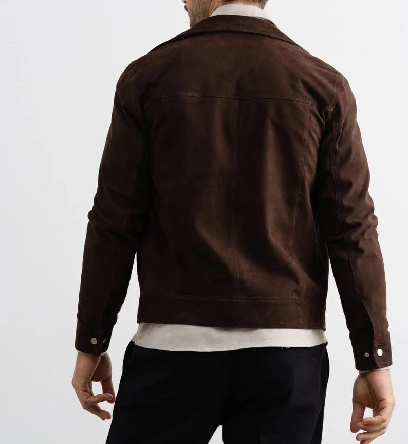 Men Dark Brown Suede Trucker Jacket - Handcrafted Full-Grain Leather