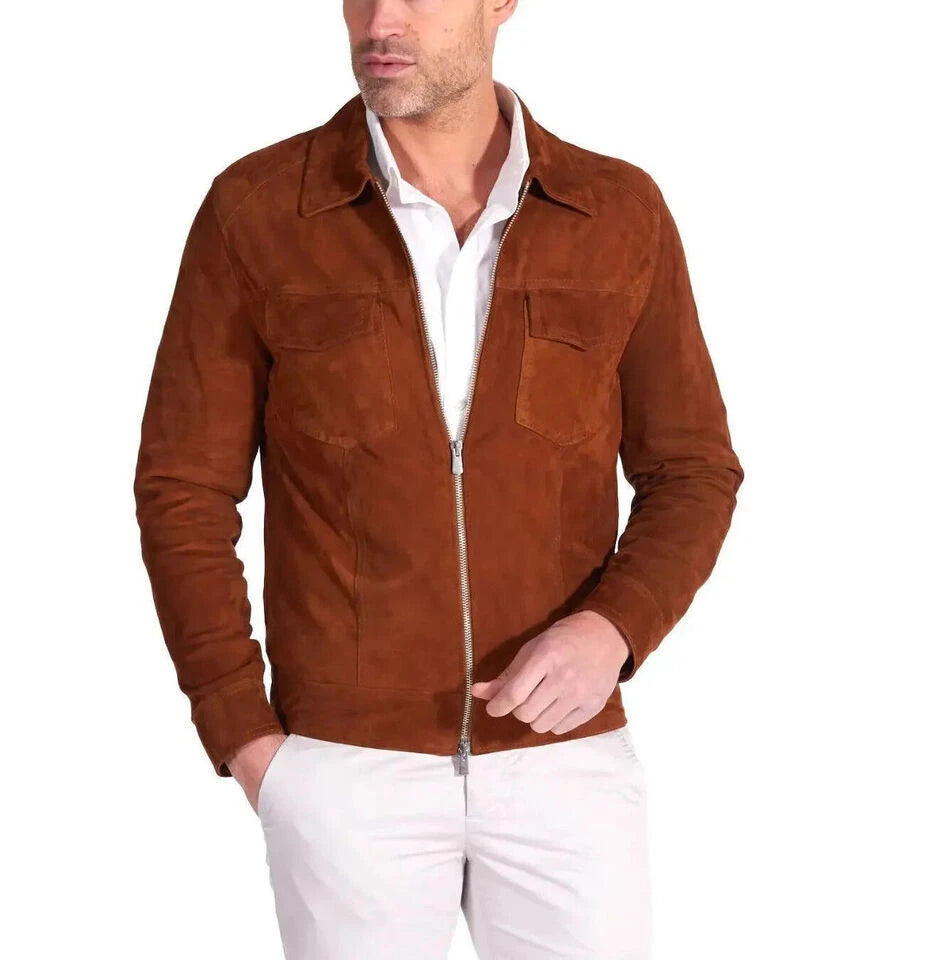 Cognac Brown Original Suede Trucker Jacket - Handcrafted Full-Grain Leather