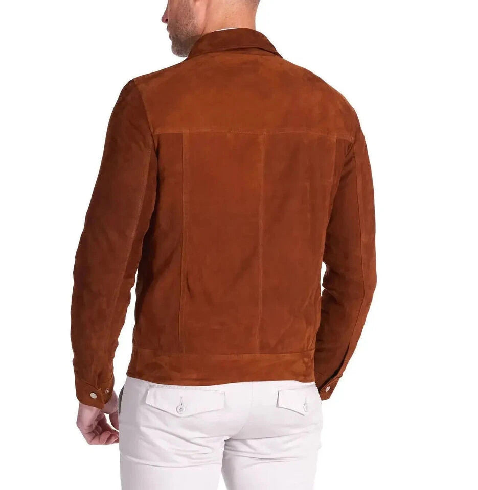 Cognac Brown Original Suede Trucker Jacket - Handcrafted Full-Grain Leather