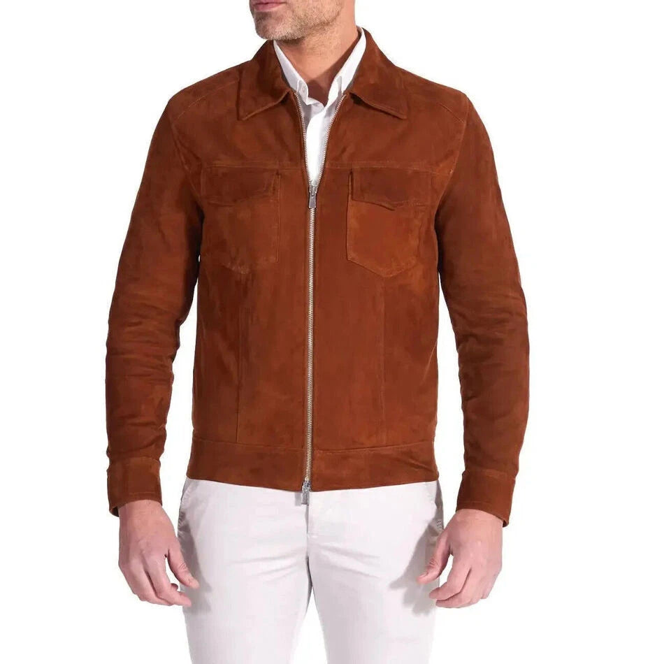 Cognac Brown Original Suede Trucker Jacket - Handcrafted Full-Grain Leather