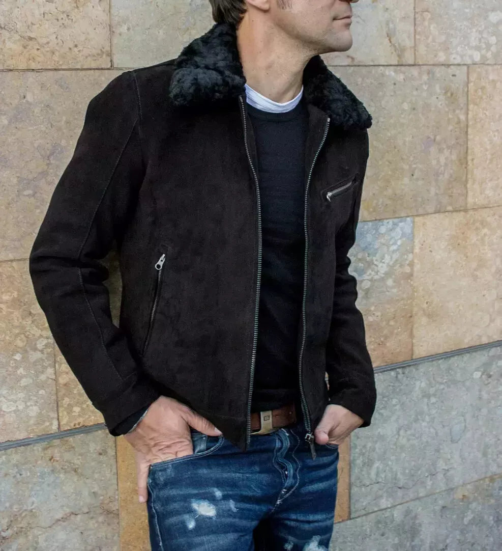 Black Suede Bomber Jacket with Shearling Collar - Handcrafted Leather