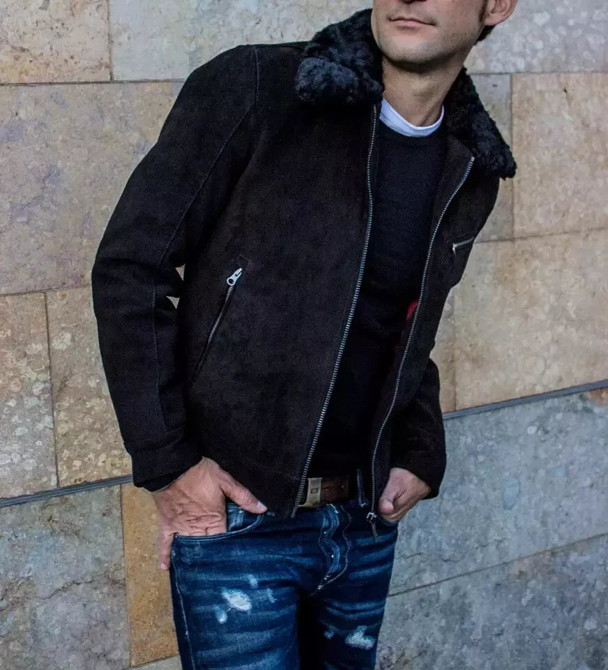 Black Suede Bomber Jacket with Shearling Collar - Handcrafted Leather