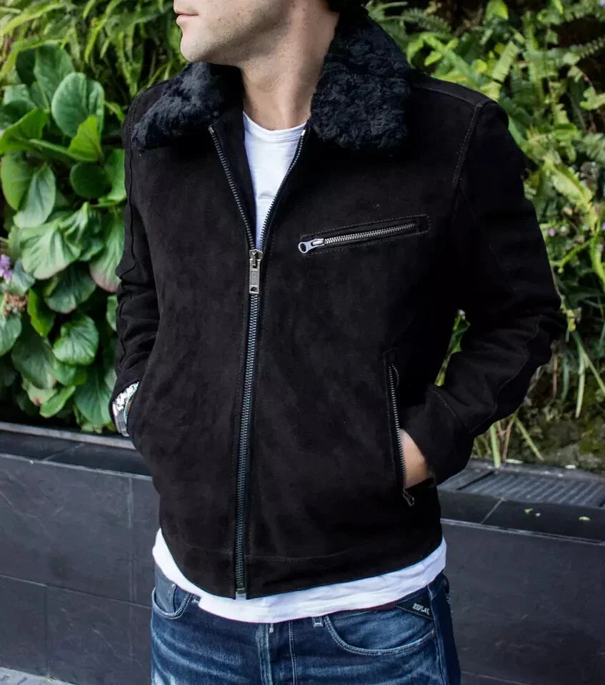 Black Suede Bomber Jacket with Shearling Collar - Handcrafted Leather