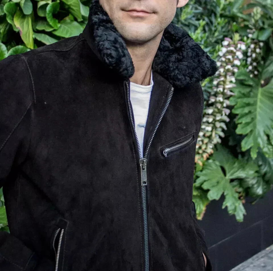 Black Suede Bomber Jacket with Shearling Collar - Handcrafted Leather