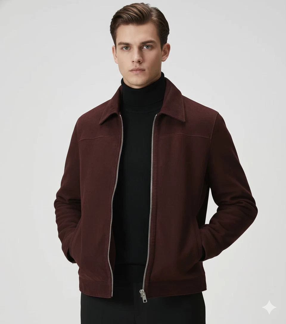 Original Men Burgundy Suede Jacket - Handcrafted Full-Grain Leather Harrington Style