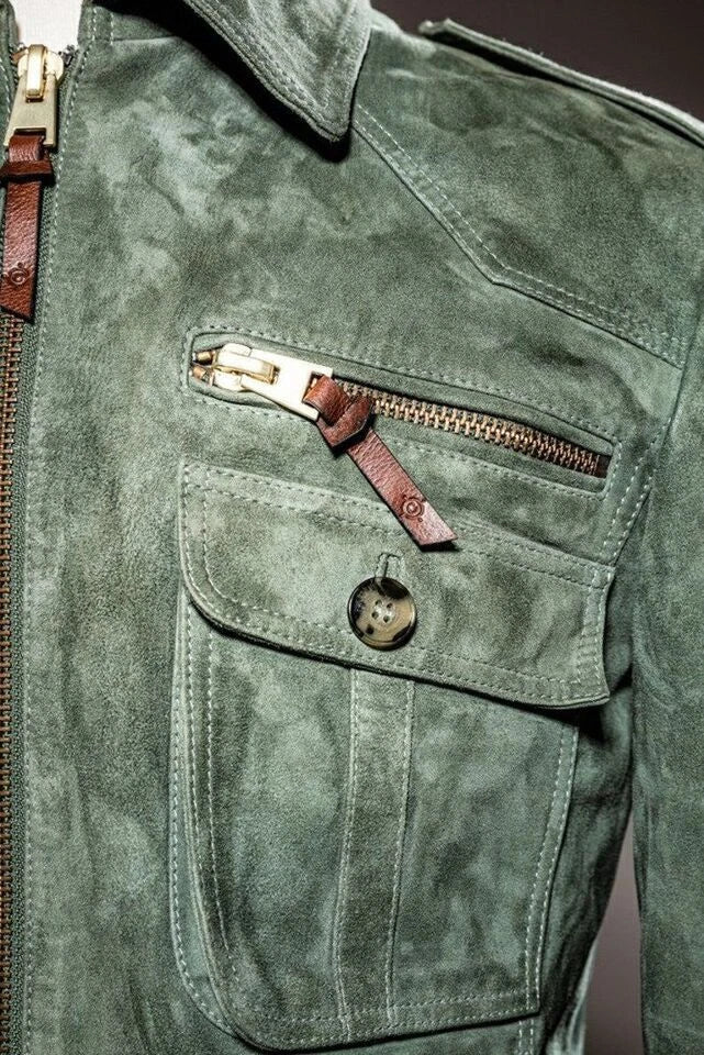 Original Men Sage Green Suede Field Jacket - Handcrafted Full-Grain Leather Military Style
