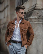 Men Tan Suede Trucker Jacket with Contrast Stitching - Handcrafted Leather – brown leather jacket, front view – Kamercio