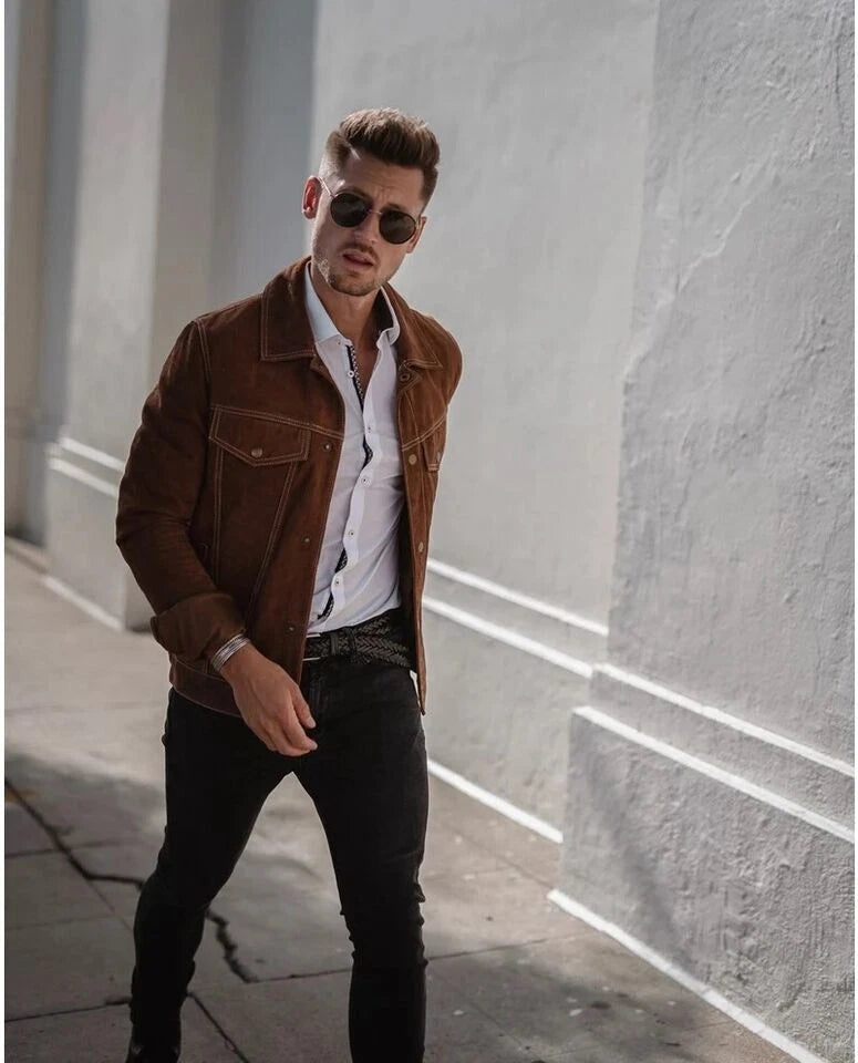 Men Tan Suede Trucker Jacket with Contrast Stitching - Handcrafted Leather
