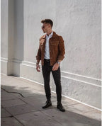 Men Tan Suede Trucker Jacket with Contrast Stitching - Handcrafted Leather – brown leather jacket, side view – Kamercio