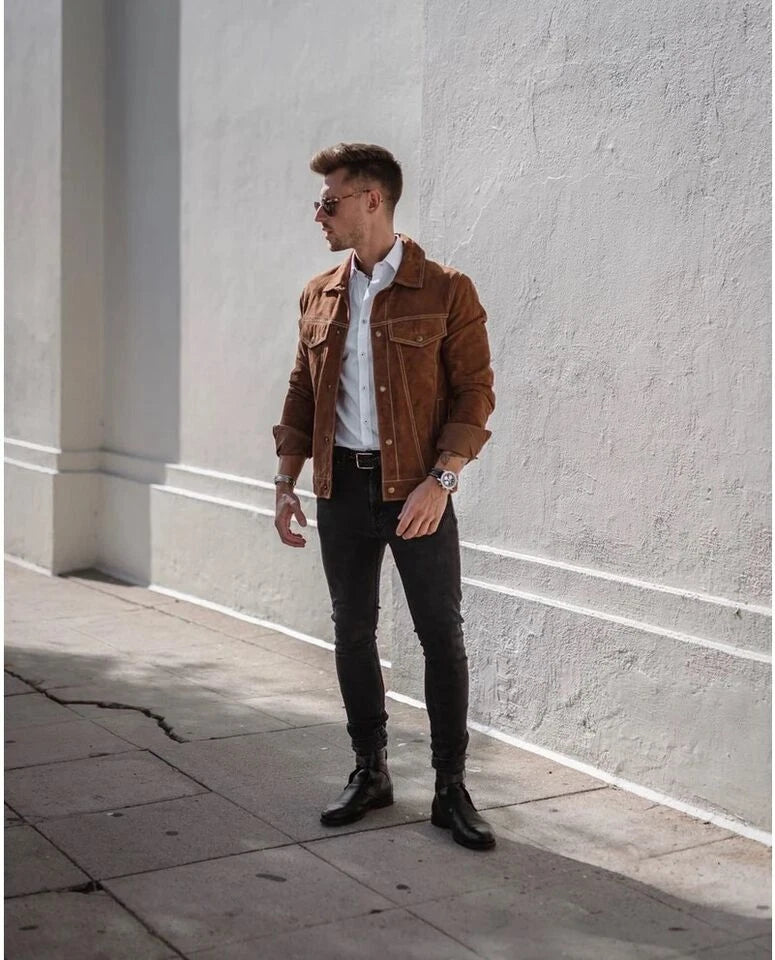 Men Tan Suede Trucker Jacket with Contrast Stitching - Handcrafted Leather