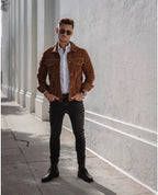 Men Tan Suede Trucker Jacket with Contrast Stitching - Handcrafted Leather – brown leather jacket, close-up detail – Kamercio