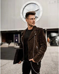 Men Dark Brown Suede Biker Jacket - Handcrafted Full-Grain Leather Moto Style