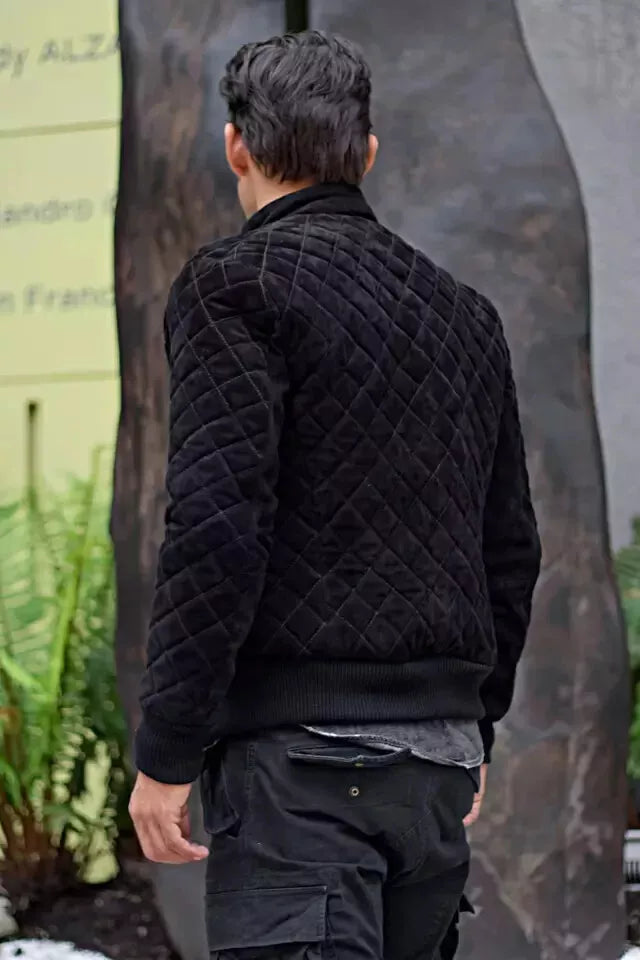Original Men Black Quilted Suede Bomber Jacket - Handcrafted Full-Grain Leather