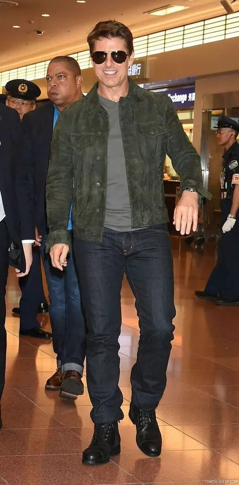 Original Men Olive Green Suede Trucker Jacket - Handcrafted Full-Grain Leather