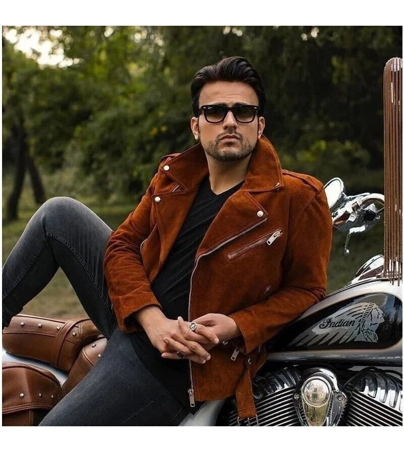 Cognac Men Brown Suede Biker Jacket - Handcrafted Full-Grain Leather Moto