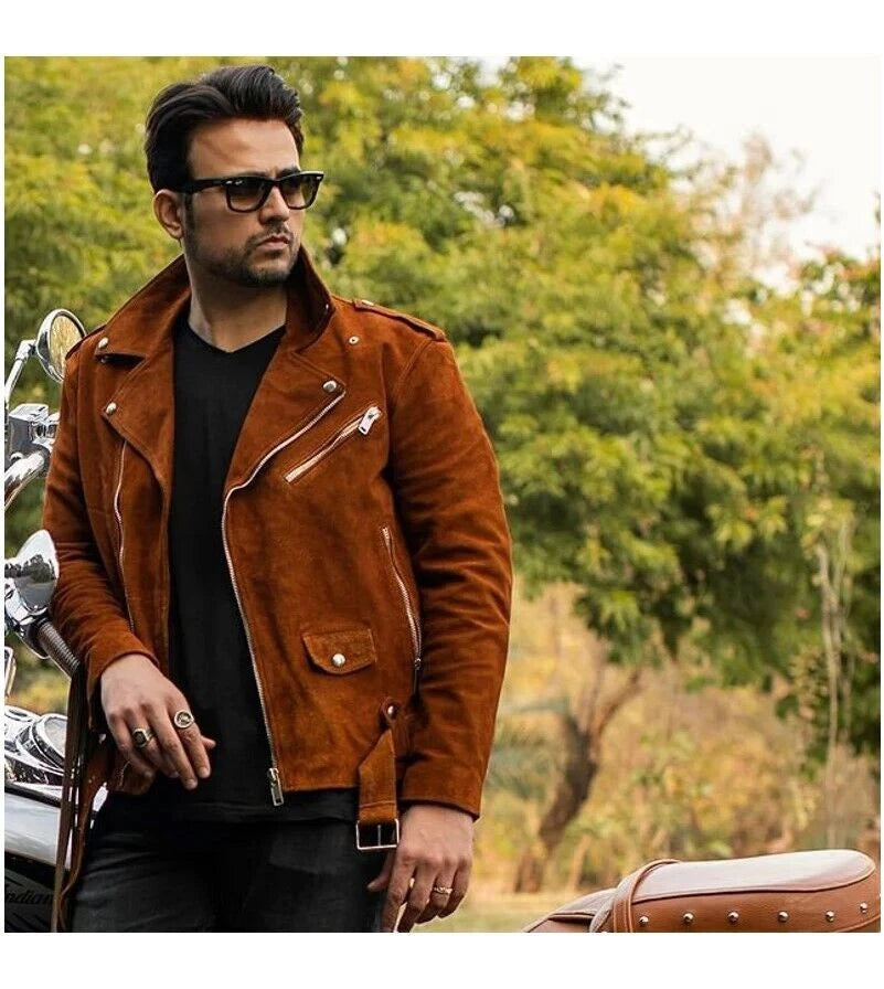 Cognac Men Brown Suede Biker Jacket - Handcrafted Full-Grain Leather Moto