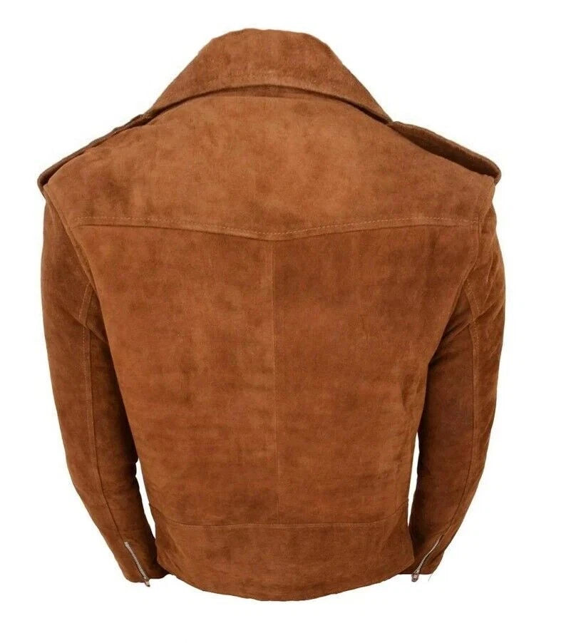 Cognac Men Brown Suede Biker Jacket - Handcrafted Full-Grain Leather Moto