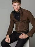 Men Brown Suede Bomber Jacket with Ribbed Trim - Handcrafted Full-Grain Leather