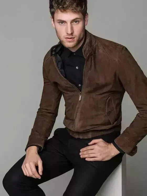 Men Brown Suede Bomber Jacket with Ribbed Trim - Handcrafted Full-Grain Leather