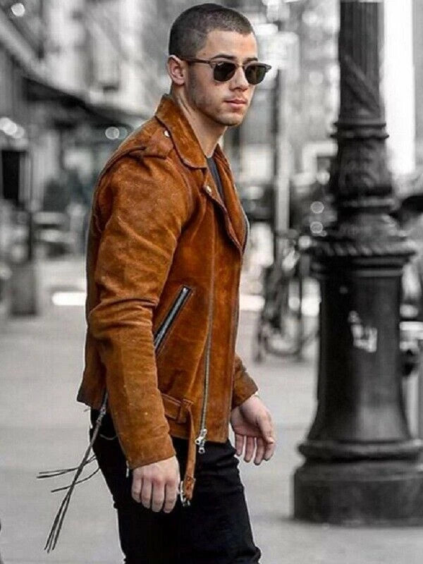 Premium Men Tan Suede Biker Jacket - Handcrafted Full-Grain Original Leather Moto Style