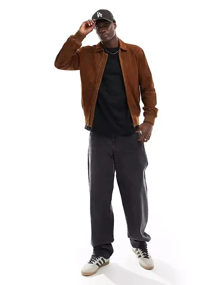 Camel Brown Suede Harrington Jacket - Handcrafted Full-Grain Leather