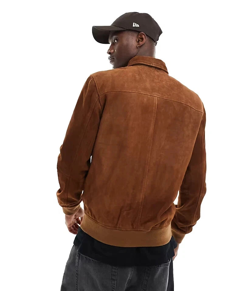 Camel Brown Suede Harrington Jacket - Handcrafted Full-Grain Leather