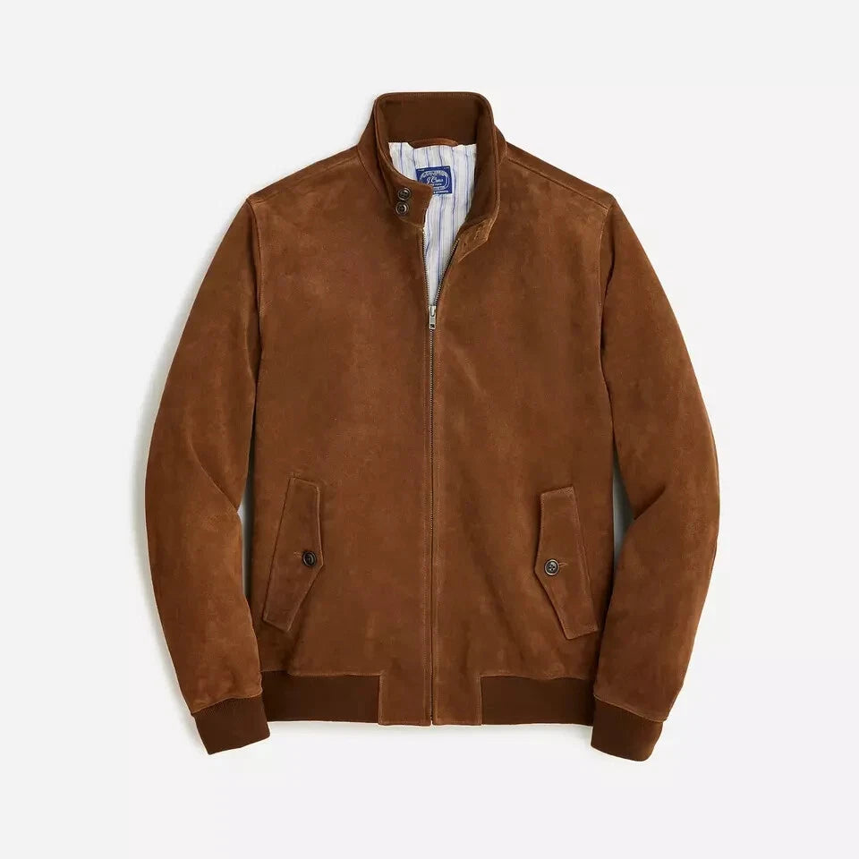 Camel Brown Suede Harrington Jacket - Handcrafted Full-Grain Leather