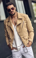 Original Men Beige Suede Biker Jacket - Handcrafted Full-Grain Leather Moto Style