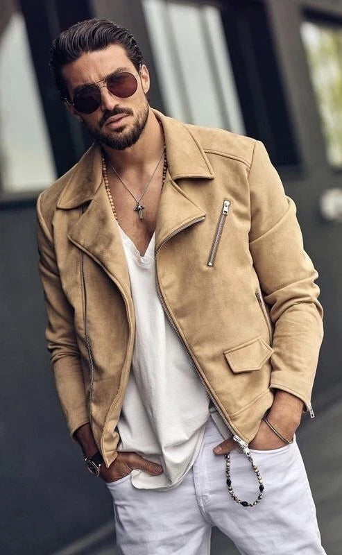 Original Men Beige Suede Biker Jacket - Handcrafted Full-Grain Leather Moto Style
