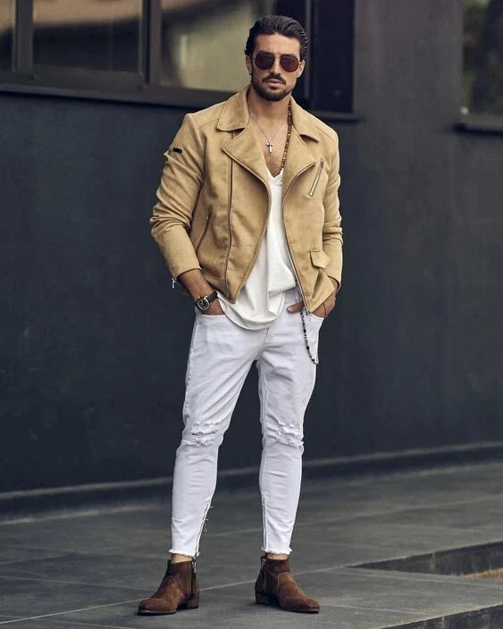 Original Men Beige Suede Biker Jacket - Handcrafted Full-Grain Leather Moto Style